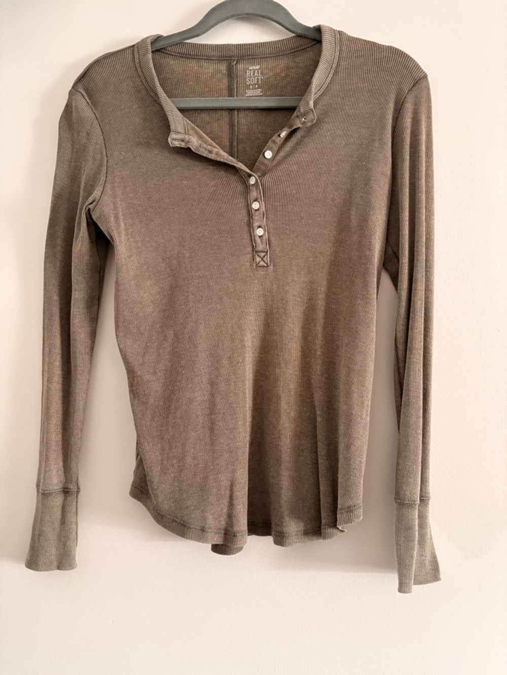 aerie Olive-Tone Ribbed Henley Long-Sleeve Top